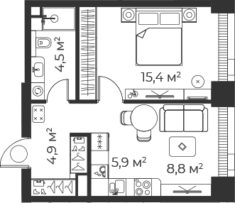 Планировка — Веер, 2-комн., 40 м²
