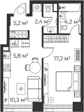 Планировка — Веер, 2-комн., 45 м²