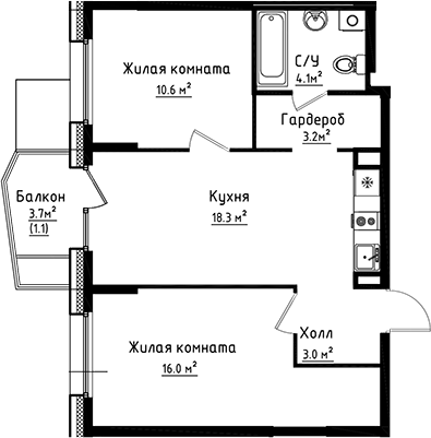 Планировка — Коллекция, 2-комн., 55 м²