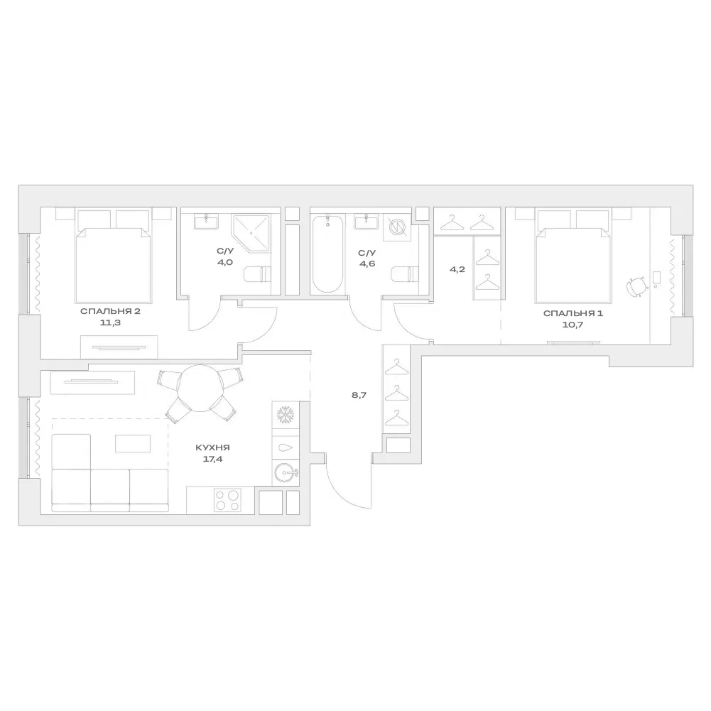 Планировка — Детали, 3-комн., 61 м²