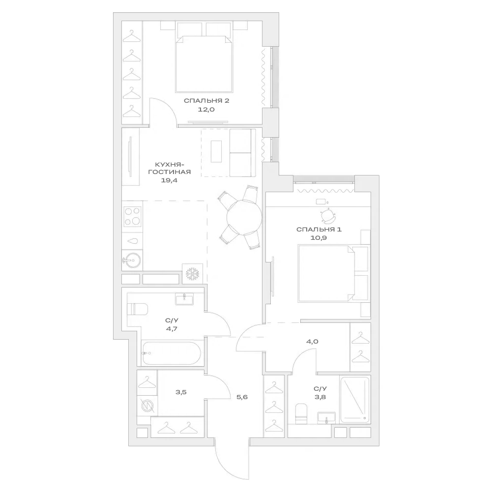 Планировка — Детали, 3-комн., 64 м²