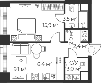 Планировка — Веер, 2-комн., 42 м²