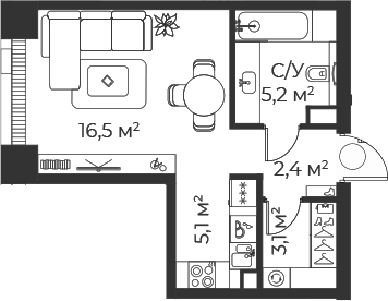 Планировка — Веер, Студия, 31 м²