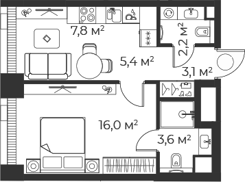 Планировка — Веер, 2-комн., 38 м²