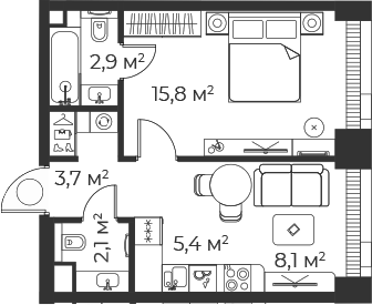 Планировка — Веер, 2-комн., 38 м²