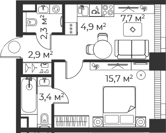 Планировка — Веер, 2-комн., 37 м²