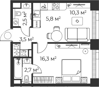 Планировка — Веер, 2-комн., 41 м²