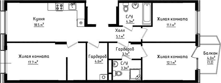Планировка — Коллекция, 3-комн., 80 м²