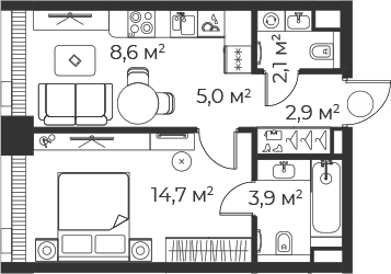 Планировка — Веер, 2-комн., 37 м²