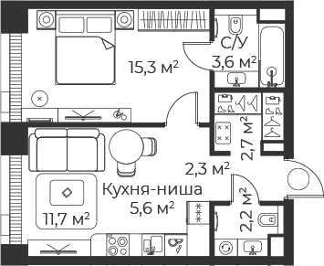 Планировка — Веер, 2-комн., 43 м²