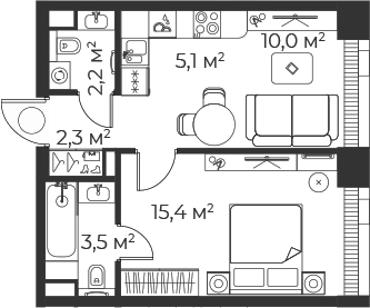 Планировка — Веер, 2-комн., 39 м²