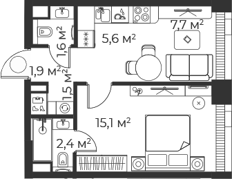 Планировка — Веер, 2-комн., 36 м²