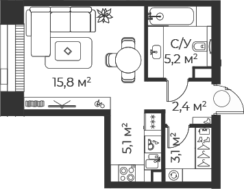 Планировка — Веер, Студия, 32 м²