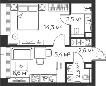 Планировка — Веер, 2-комн., 35 м²