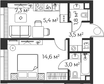 Планировка — Веер, 2-комн., 36 м²