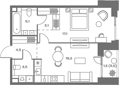 Планировка — Soul, 2-комн., 52 м²