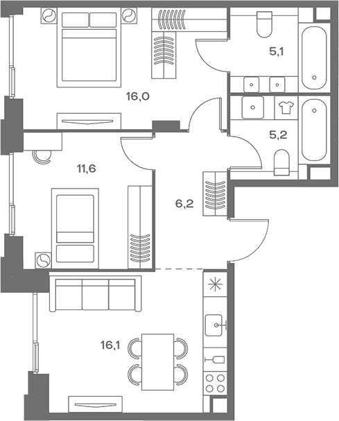 Планировка — Soul, 3-комн., 60 м²