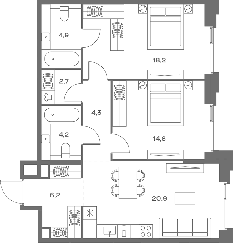 Планировка — Soul, 3-комн., 76 м²