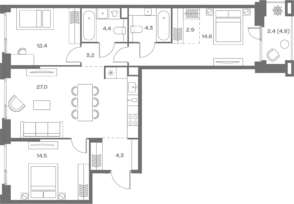Планировка — Soul, 4-комн., 88 м²
