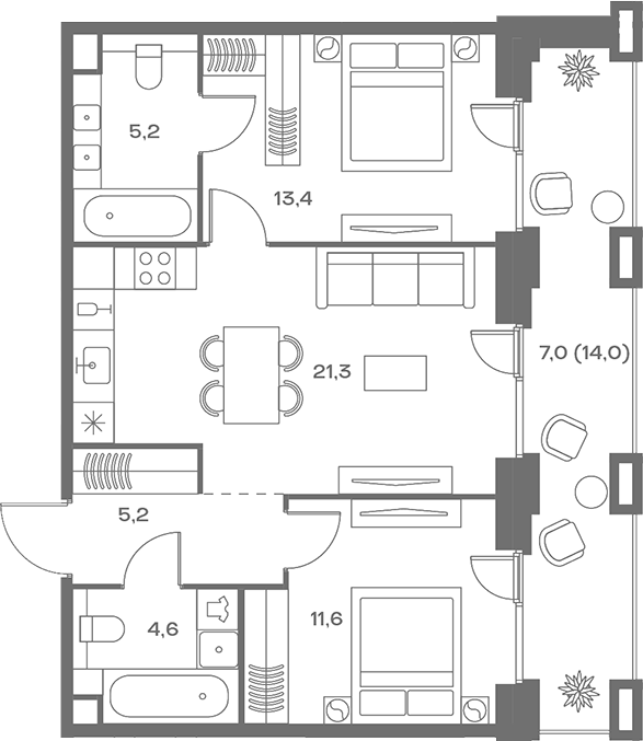 Планировка — Soul, 3-комн., 61 м²