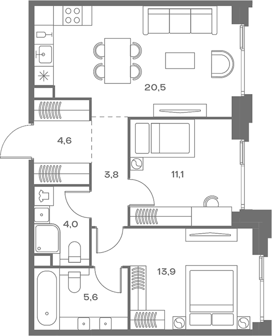 Планировка — Soul, 3-комн., 64 м²