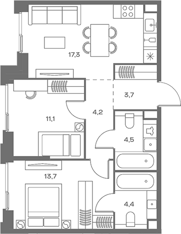 Планировка — Soul, 3-комн., 59 м²