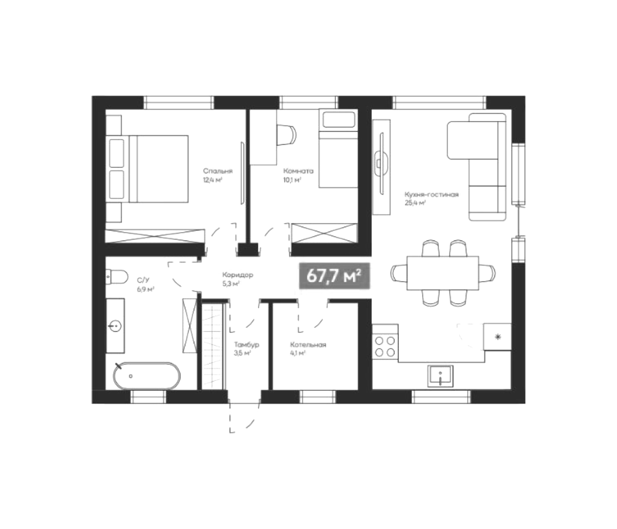Планировка — Коттеджный поселок NovaLife, 2-комн., 68 м²