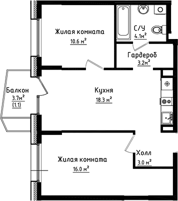 Планировка — Коллекция, 2-комн., 55 м²