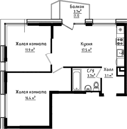 Планировка — Коллекция, 2-комн., 53 м²