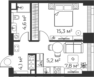 Планировка — Веер, 2-комн., 37 м²
