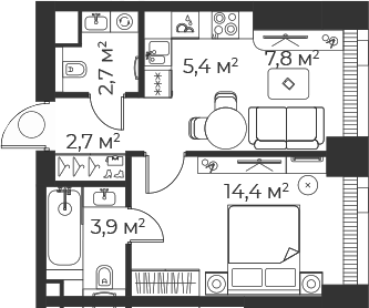 Планировка — Веер, 2-комн., 37 м²