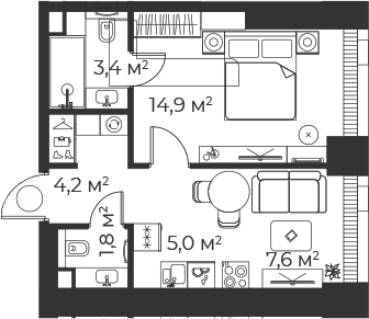 Планировка — Веер, 2-комн., 37 м²