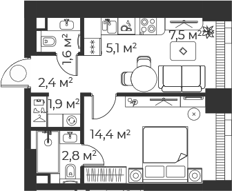 Планировка — Веер, 2-комн., 36 м²