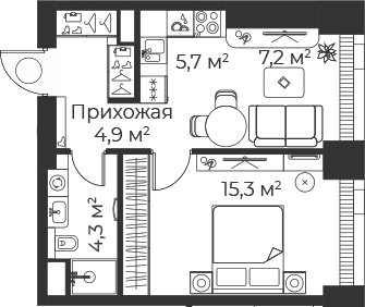 Планировка — Веер, 2-комн., 37 м²