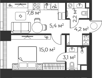 Планировка — Веер, 2-комн., 38 м²