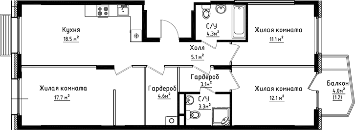 Планировка — Коллекция, 3-комн., 80 м²