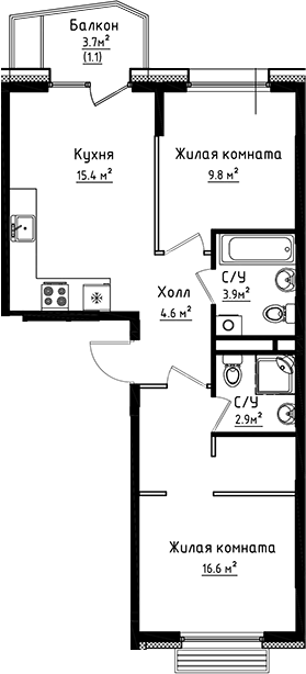 Планировка — Коллекция, 2-комн., 53 м²