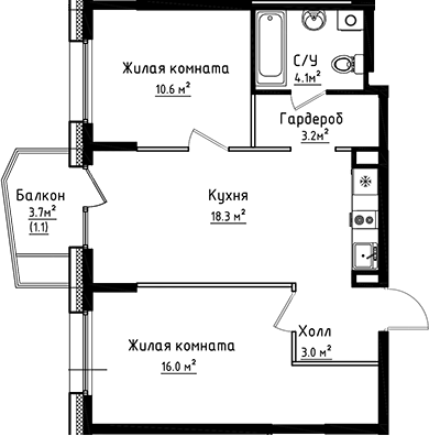 Планировка — Коллекция, 2-комн., 55 м²