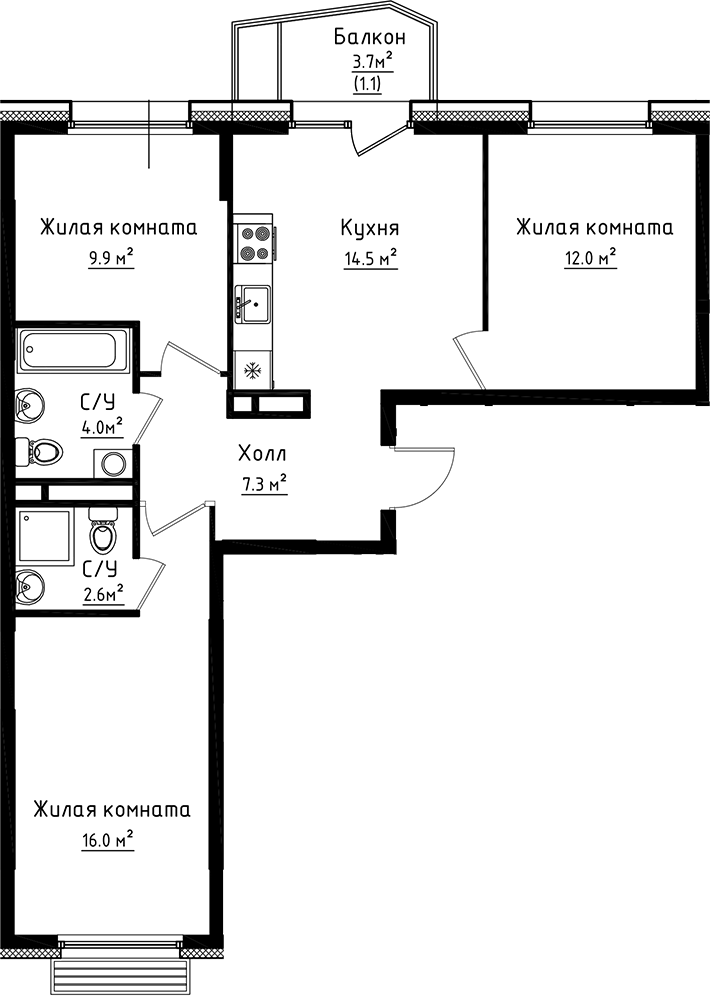 Планировка — Коллекция, 3-комн., 66 м²