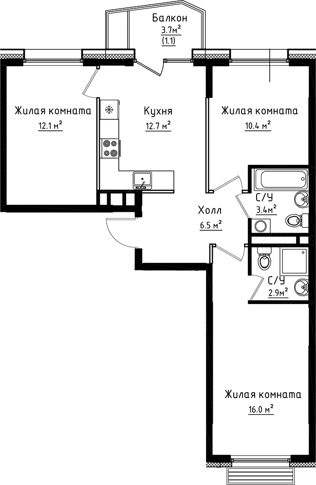 Планировка — Коллекция, 3-комн., 64 м²