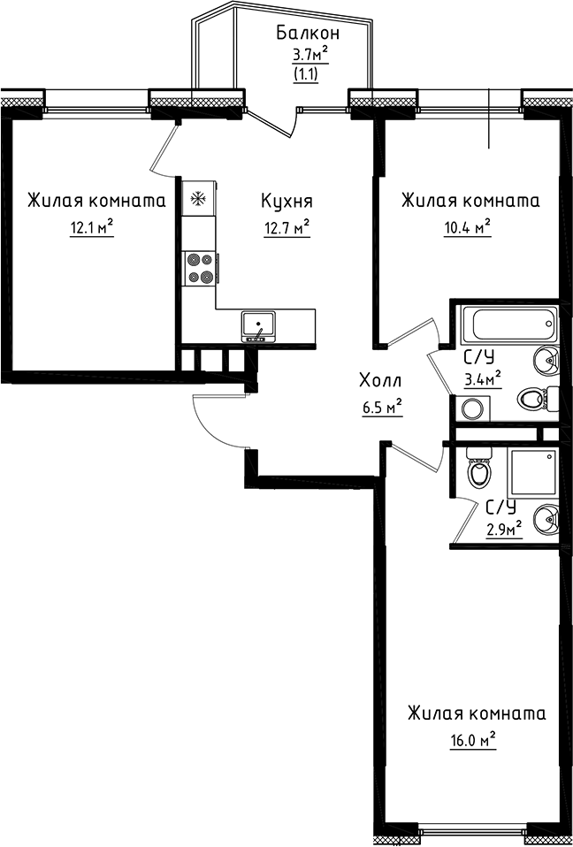 Планировка — Коллекция, 3-комн., 64 м²