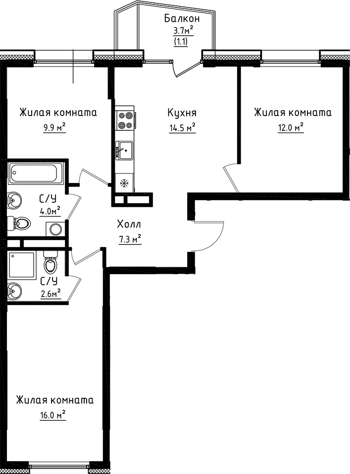 Планировка — Коллекция, 3-комн., 66 м²