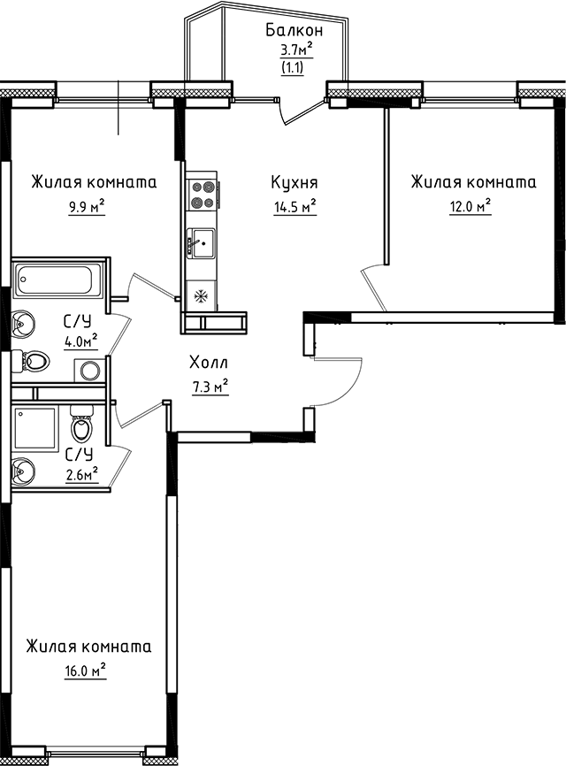 Планировка — Коллекция, 3-комн., 66 м²