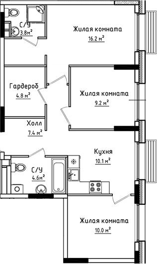 Планировка — Коллекция, 3-комн., 66 м²