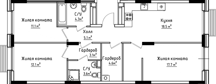 Планировка — Коллекция, 3-комн., 80 м²