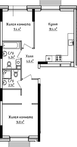 Планировка — Коллекция, 2-комн., 57 м²