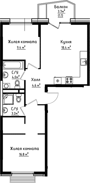 Планировка — Коллекция, 2-комн., 56 м²