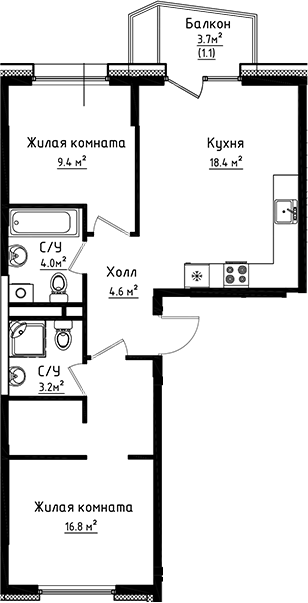 Планировка — Коллекция, 2-комн., 56 м²