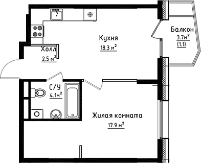 Планировка — Коллекция, 1-комн., 43 м²