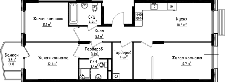 Планировка — Коллекция, 3-комн., 80 м²